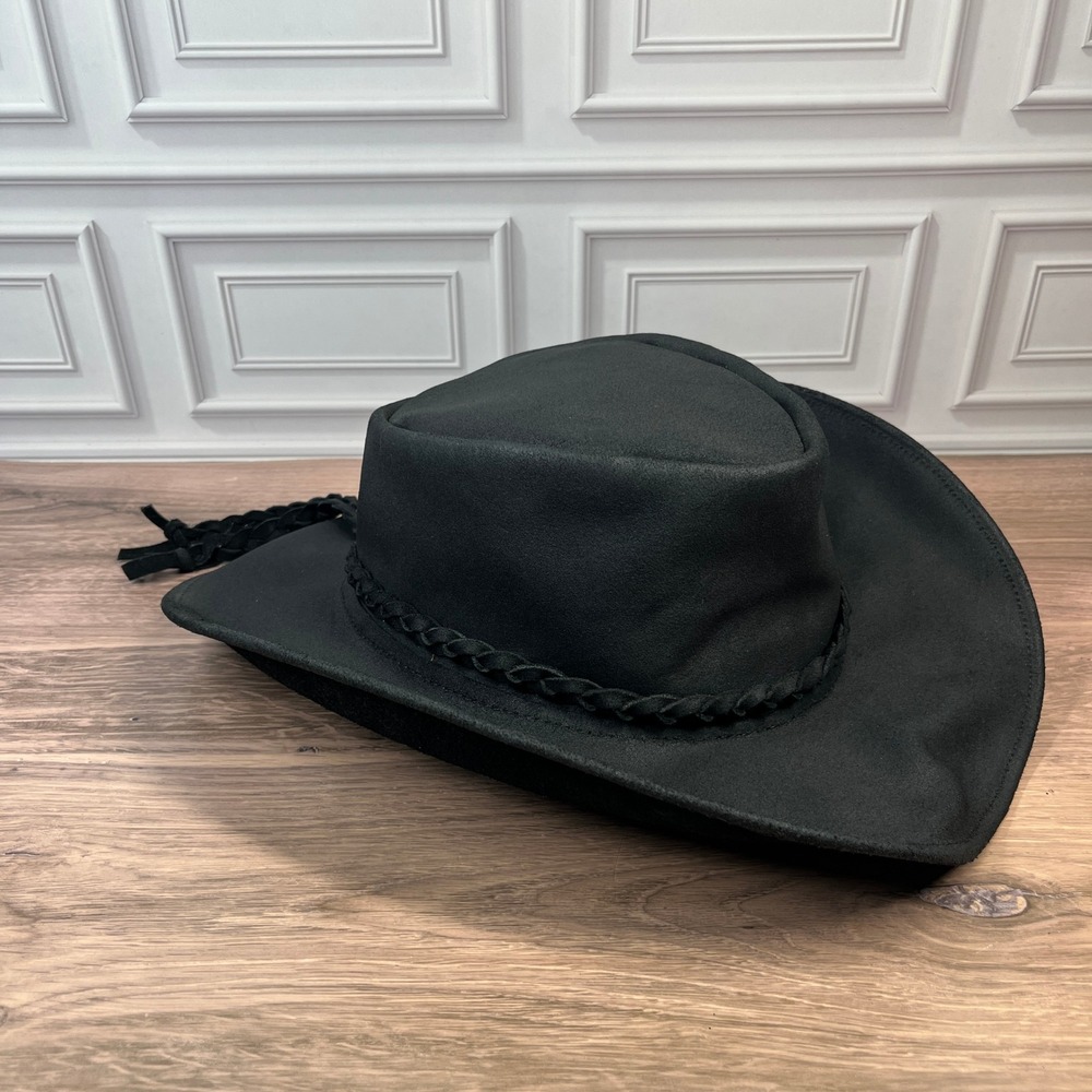 Cowboy Hat Medium Black Genuine Leather Wire-Edge Brim Braided Band Mexico